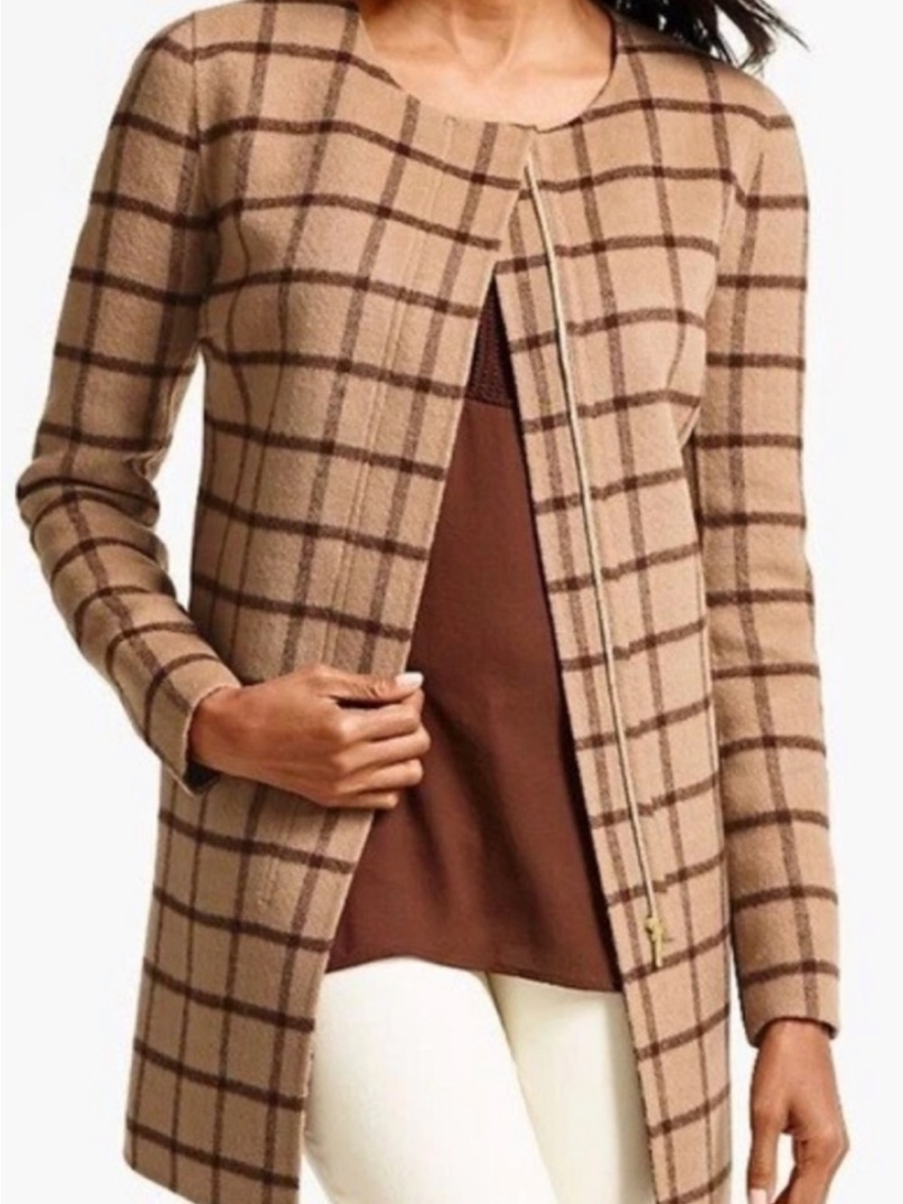 Talbots Tan and Brown Windowpane Longline Cardigan wool